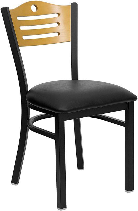 HERCULES Series Black Slat Back Metal Restaurant Chair with Natural Wood Back & Black Vinyl Seat XU-DG-6G7B-SLAT-BLKV-GG by Flash Furniture