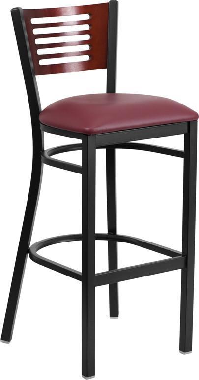 Flash Furniture XU-DG-6H1B-MAH-BAR-BURV-GG HERCULES Series Black Decorative Slat Back Metal Restaurant Barstool - Mahogany Wood Back, Burgundy Vinyl Seat