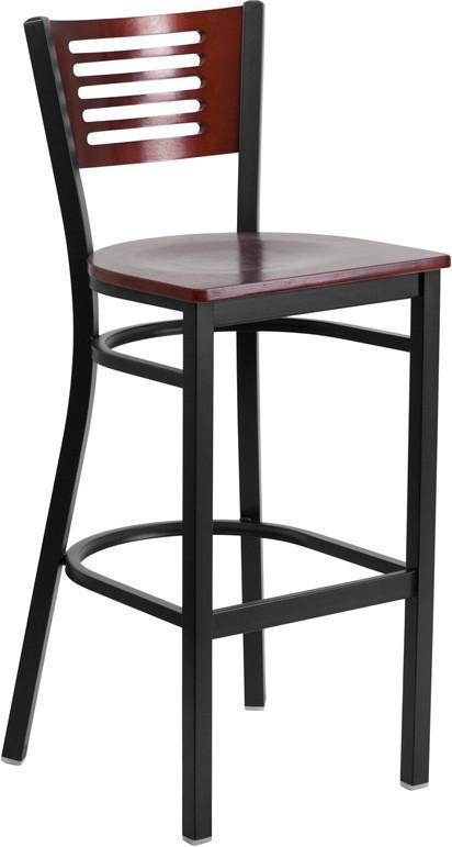Flash Furniture XU-DG-6H1B-MAH-BAR-MTL-GG HERCULES Series Black Decorative Slat Back Metal Restaurant Barstool - Mahogany Wood Back & Seat
