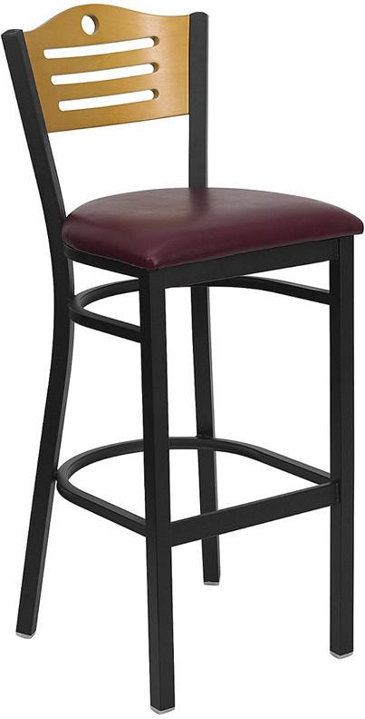 HERCULES Series Black Slat Back Metal Restaurant Bar Stool with Natural Wood Back & Burgundy Vinyl Seat XU-DG-6H3B-SLAT-BAR-BURV-GG by Flash Furniture