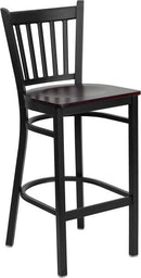 HERCULES Series Black Vertical Back Metal Restaurant Bar Stool with Mahogany Wood Seat XU-DG-6R6B-VRT-BAR-MAHW-GG by Flash Furniture