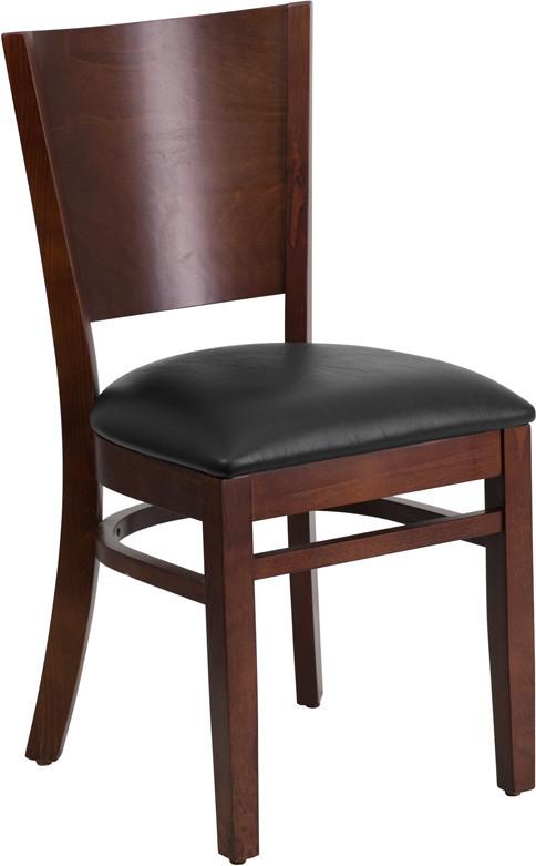 Flash Furniture XU-DG-W0094B-WAL-BLKV-GG Lacey Series Solid Back Walnut Wooden Restaurant Chair - Black Vinyl Seat