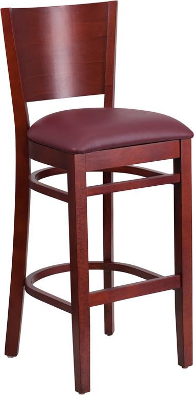 Flash Furniture XU-DG-W0094BAR-MAH-BURV-GG Lacey Series Solid Back Mahogany Wooden Restaurant Barstool - Burgundy Vinyl Seat