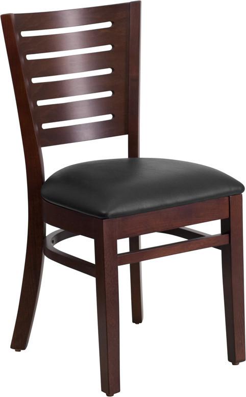 Flash Furniture XU-DG-W0108-WAL-BLKV-GG Darby Series Slat Back Walnut Wooden Restaurant Chair - Black Vinyl Seat