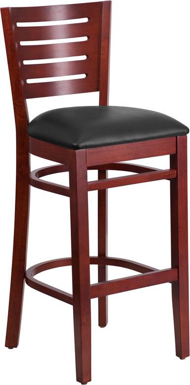 Flash Furniture XU-DG-W0108BBAR-MAH-BLKV-GG Darby Series Slat Back Mahogany Wooden Restaurant Barstool - Black Vinyl Seat