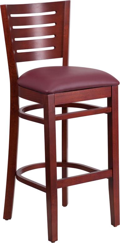 Flash Furniture XU-DG-W0108BBAR-MAH-BURV-GG Darby Series Slat Back Mahogany Wooden Restaurant Barstool - Burgundy Vinyl Seat
