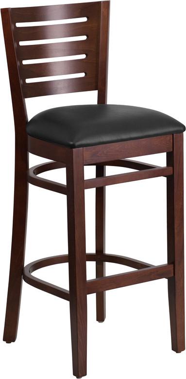 Flash Furniture XU-DG-W0108BBAR-WAL-BLKV-GG Darby Series Slat Back Walnut Wooden Restaurant Barstool - Black Vinyl Seat