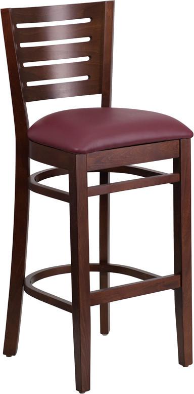 Flash Furniture XU-DG-W0108BBAR-WAL-BURV-GG Darby Series Slat Back Walnut Wooden Restaurant Barstool - Burgundy Vinyl Seat