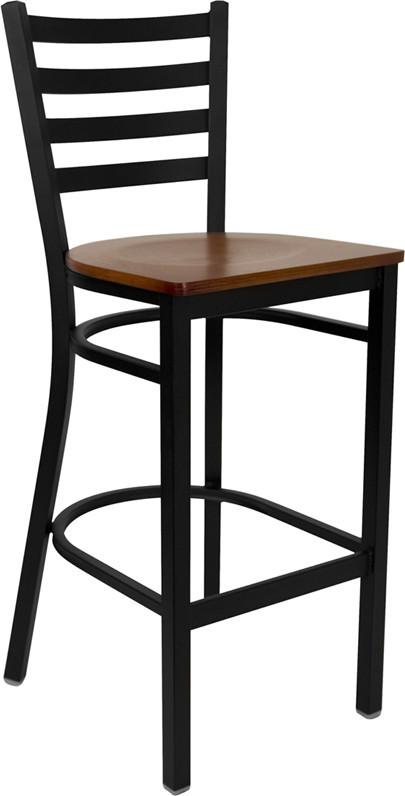 HERCULES Series Black Ladder Back Metal Restaurant Bar Stool with Cherry Wood Seat XU-DG697BLAD-BAR-CHYW-GG by Flash Furniture