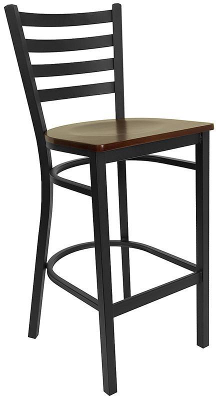 HERCULES Series Black Ladder Back Metal Restaurant Bar Stool with Mahogany Wood Seat XU-DG697BLAD-BAR-MAHW-GG by Flash Furniture