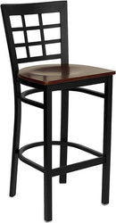HERCULES Series Black Window Back Metal Restaurant Bar Stool with Mahogany Wood Seat XU-DG6R7BWIN-BAR-MAHW-GG by Flash Furniture