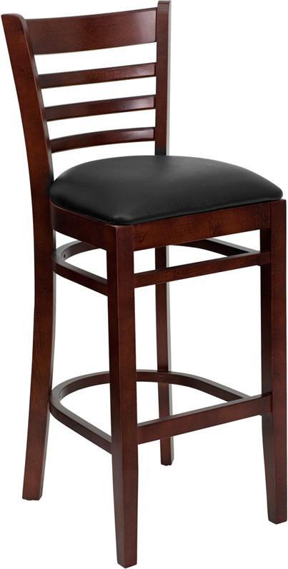 HERCULES Series Mahogany Finished Ladder Back Wooden Restaurant Bar Stool with Black Vinyl Seat XU-DGW0005BARLAD-MAH-BLKV-GG by Flash Furniture
