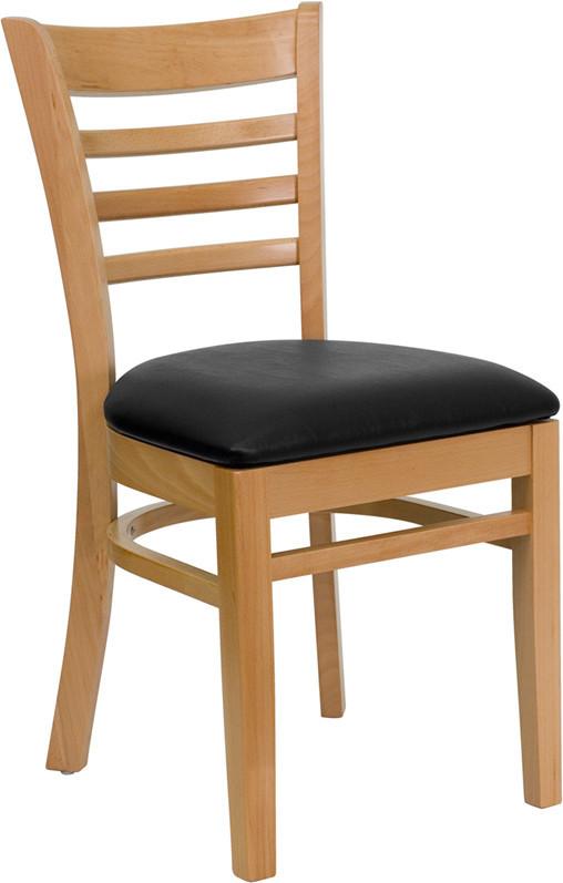 HERCULES Series Natural Wood Finished Ladder Back Wooden Restaurant Chair with Black Vinyl Seat XU-DGW0005LAD-NAT-BLKV-GG by Flash Furniture