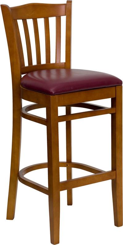 HERCULES Series Cherry Finished Vertical Slat Back Wooden Restaurant Bar Stool with Burgundy Vinyl Seat XU-DGW0008BARVRT-CHY-BURV-GG by Flash Furniture