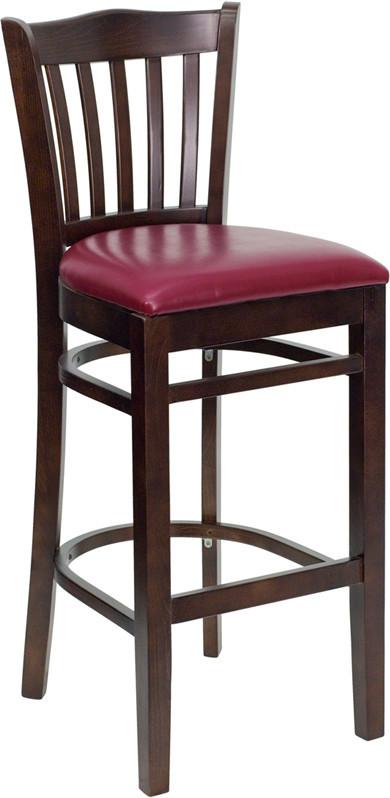 HERCULES Series Walnut Finished Vertical Slat Back Wooden Restaurant Bar Stool with Burgundy Vinyl Seat XU-DGW0008BARVRT-WAL-BURV-GG by Flash Furniture