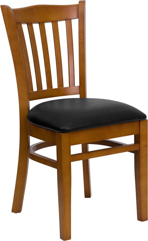 HERCULES Series Cherry Finished Vertical Slat Back Wooden Restaurant Chair with Black Vinyl Seat XU-DGW0008VRT-CHY-BLKV-GG by Flash Furniture