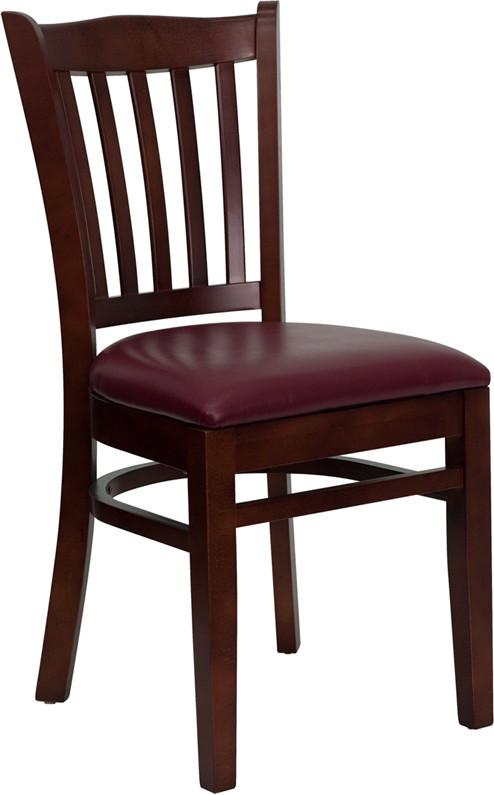HERCULES Series Mahogany Finished Vertical Slat Back Wooden Restaurant Chair with Burgundy Vinyl Seat XU-DGW0008VRT-MAH-BURV-GG by Flash Furniture