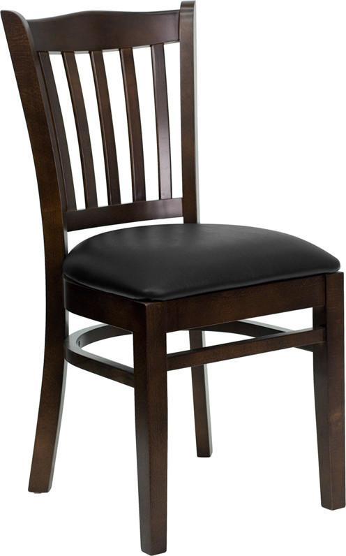 HERCULES Series Walnut Finished Vertical Slat Back Wooden Restaurant Chair with Black Vinyl Seat XU-DGW0008VRT-WAL-BLKV-GG by Flash Furniture