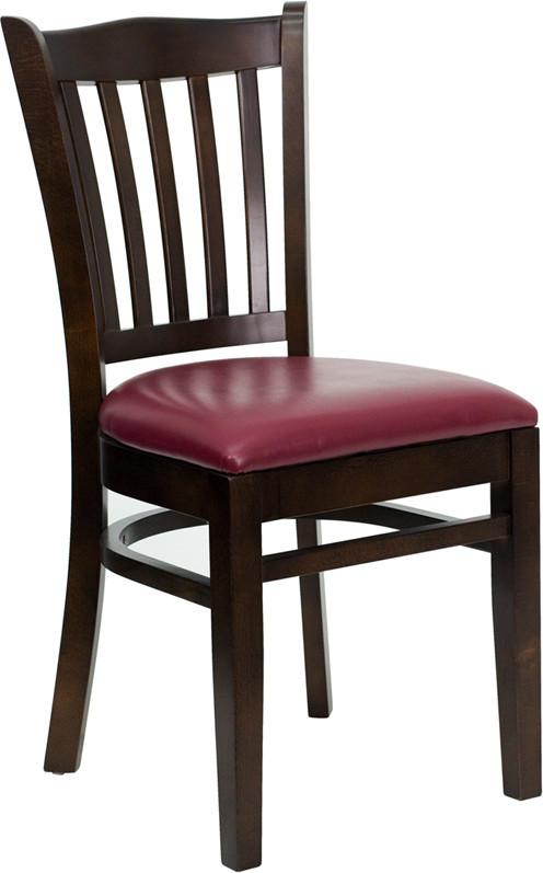 HERCULES Series Walnut Finished Vertical Slat Back Wooden Restaurant Chair with Burgundy Vinyl Seat XU-DGW0008VRT-WAL-BURV-GG by Flash Furniture